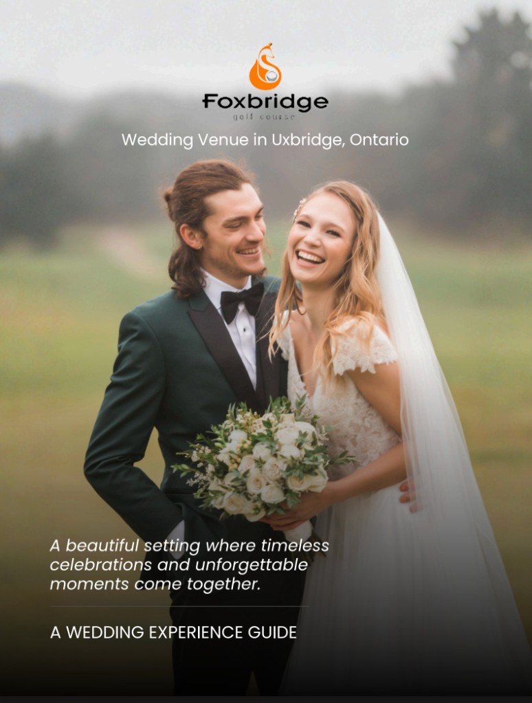 Bride and groom smiling on the Foxbridge golf course, a wedding venue in Uxbridge, Ontario